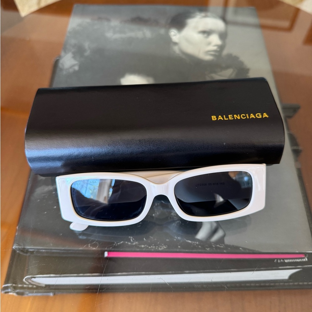 Balenciaga White Rectangular Sunglasses with Blac… - image 1